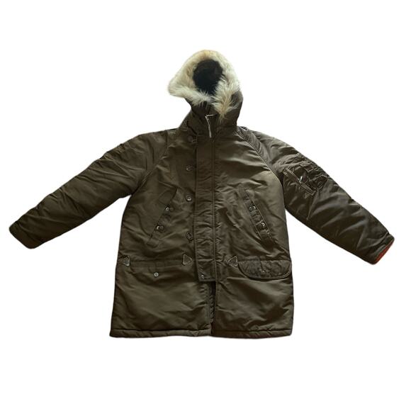 1980s Vintage Arctic Parka Olive Green Fur Trimmed Hooded Heavy Flying Jacket L - Picture 1 of 5